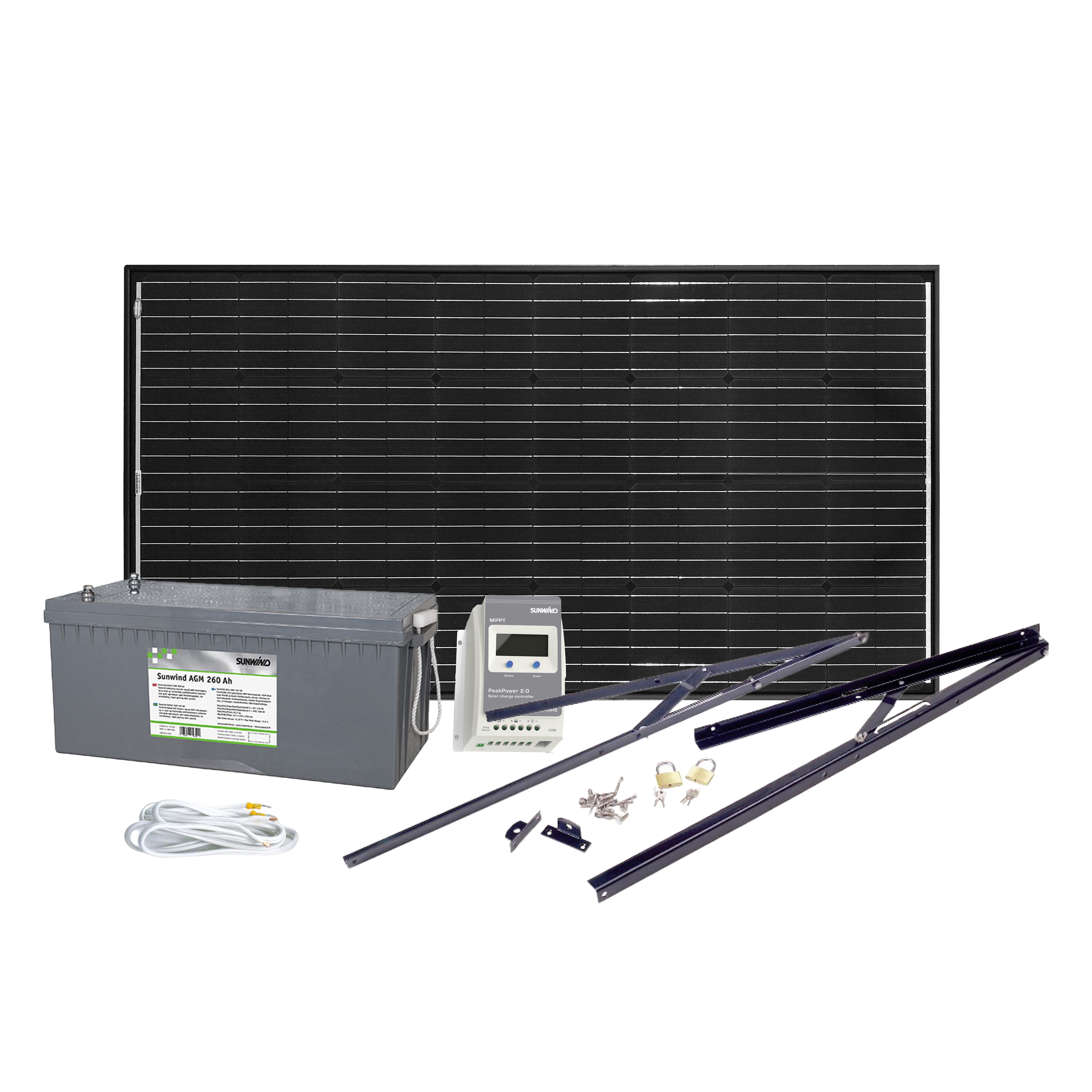 Solcelleanlegg 12V, 185 watt, AGM 260At, m/tilbehørspakke